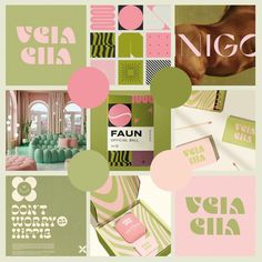 a collage of pink, green and white items