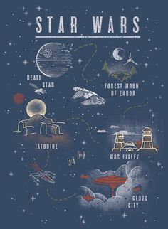 the star wars poster is shown on a dark blue background with stars and planets around it