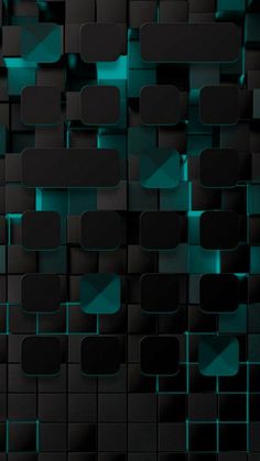 an abstract black and teal background with squares, rectangles and shapes that appear to be floating in the air