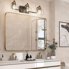 a bathroom vanity with two sinks and a large mirror on the wall next to it