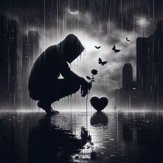 a person kneeling down in the rain with a heart shaped object next to them and birds flying around