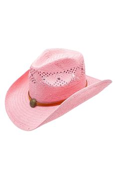 A bright pink hue set the tone for this straw cowboy hat Dolly would approve of. 100% straw Spot clean Imported Women’s Cowboy Hats, Pink Cowboy Hat, Pink Cowboy, Floppy Hats, Straw Cowboy Hat, Pink Cowgirl, Pink Cow, Cowgirl Hats, Cowboy Hat