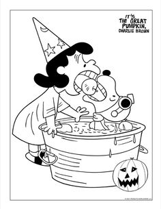 a cartoon character washing his dog in a bucket with halloween pumpkins on the ground