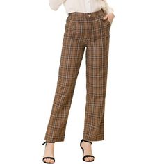 These trousers are essential for dressing up or down. Lightweight fabric, covered in a plaid pattern, shapes these trendy trousers with a high-rise fit. How it is a bit high waist and how it gathers at the waist adding shape to the body. You may love everything about these trousers, from their regular fit to the elastic high-waist, which could double as a hiding mechanism for women with love-handles. Style these trousers with a crop top and heels for the ultimate look. Occasion: Shopping, Social Trendy Plaid Bottoms For Winter, Trendy Plaid Winter Bottoms, Plaid Straight Leg Pants For Fall, Plaid Ankle-length Pants With Pockets, Plaid Pants For Business Casual In Fall, Plaid Straight Pants For Fall, Plaid Bottoms With Pockets For Business Casual, Trendy Plaid Ankle-length Bottoms, Trendy High Waist Plaid Bottoms