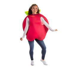 a woman in a red apple costume