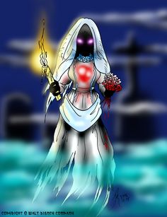 a cartoon image of a ghost holding flowers in her hand and wearing a white dress