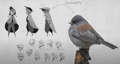 a bird sitting on top of a tree branch next to various poses and expressions for animation