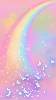 there is a rainbow and butterflies in the sky with stars on it's side