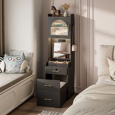 a bedroom with two beds and a book shelf in the corner next to each other