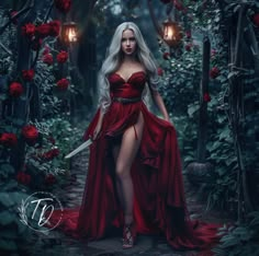 a woman in a red dress is walking through the woods with roses on her head