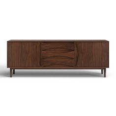 the sideboard is made out of wood and has two doors, one door open to reveal