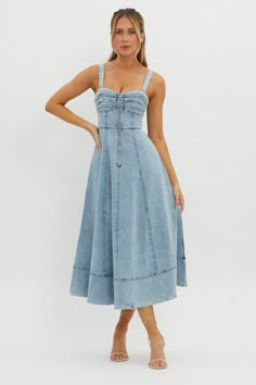 Emilio Pleated Bust A-Line Midi Dress Denim Blue