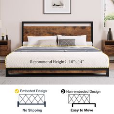 the bed frame is shown with measurements for each mattress