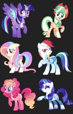 many different types of ponys are shown in this image, including pinkie and rainbow