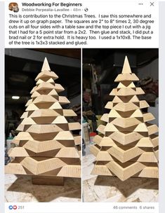 two wooden christmas trees sitting on top of a table next to each other, with the words woodworking for beginners written above them