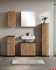 a bathroom with a sink, mirror and cabinet in it's center area next to a rug on the floor