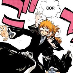 an anime character with orange hair and black clothes, holding his arms up in the air