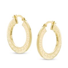 Add just the right amount of detail to her attire with these sophisticated hoop earrings. Crafted in warm 14K gold, each hoop features a classic Greek key design. Polished to a bright shine, these earrings secure with latch backs. Luxury 14k Gold Hoop Earrings For Formal Occasions, Classic Gold-tone Hoop Earrings For Anniversary, Luxury Gold Diamond Cut Huggie Earrings, Gold-tone 14k Gold Hoop Earrings For Formal Occasions, Luxury Yellow Gold Diamond Cut Hoop Earrings, Luxury Tarnish Resistant Hoop Earrings For Formal Occasions, Luxury White Gold Hoop Earrings Tarnish Resistant, Luxury Tarnish Resistant Hoop Earrings For Formal Events, Elegant White Gold Hoop Earrings Stamped 14k