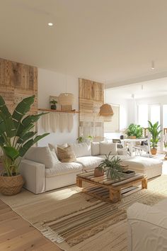 a living room filled with white furniture and lots of plants on top of the tables