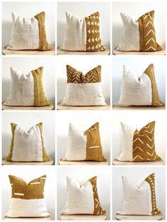 six different pillows with gold and white designs on them, all lined up in the same row