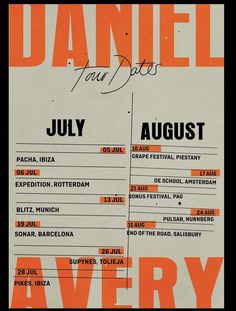 an orange and white poster with the names of several bands on it, including dannel tour dates