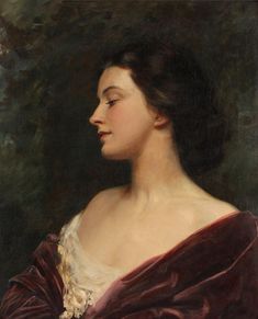 a painting of a woman in a red dress with her head turned to the side