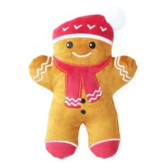 a stuffed ginger with a red hat and scarf on it's head is shown