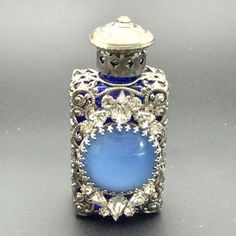 Vintage Perfume Bottle, Cobalt Glass Perfume Holder, Silver Plate Filigree Overlay, Rhinestone Accents, Mid Century Perfume Bottle Perfume Holder, Cobalt Glass, Saint James, Moon Glow, Vintage Perfume