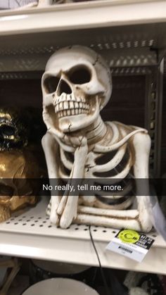 a skeleton sitting on top of a shelf in a store