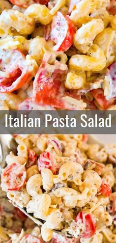 the pasta salad is loaded with tomatoes, cheese and other ingredients to make it delicious