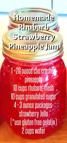 homemade rhubarb strawberry pineapple jam recipe in a mason jar with instructions