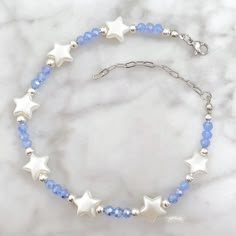 Beaded Ankle Bracelet Handmade By Me Faux Star Pearls And Blue Crystals Sterling Silver Plated Bead Accents Lobster Clasp Closure 9" + 2" Extender, 11" Total New Star Seed Bead Bracelet, Easy Cute Bracelets, Beachy Bracelets Beads, Dark Blue Beaded Bracelet, Cute Pearl Bracelet Ideas, Bracelet Pearl Ideas, Flat Beaded Bracelets, Winter Beaded Jewelry, Bead Bracelets Words Ideas