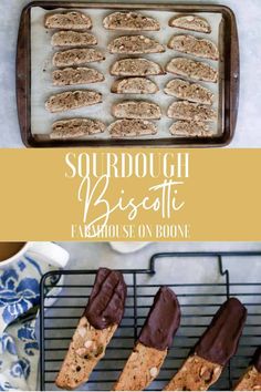 some cookies are on a cooling rack and chocolate is in the foreground with text overlay that says sourdough biscotti