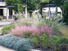 a garden with lots of plants and flowers next to a sidewalk in front of a house