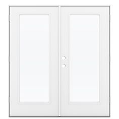 a white double door with blinds on the top and side panels, in front of a white background