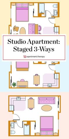 the floor plan for a studio apartment is shown in three different colors, including pink and yellow