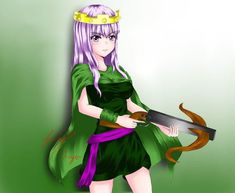 a girl in a green dress holding a scissor