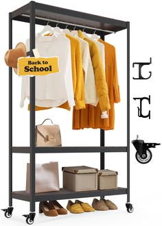 the back to school rack is filled with clothes