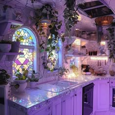 a kitchen filled with lots of plants next to a sink and stove top oven under a stained glass window