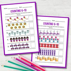 two worksheets for counting with pencils and markers on the table next to them