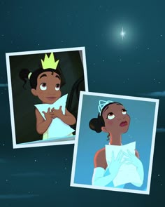 two pictures of princesses in the sky with stars above them and one has a crown on her head