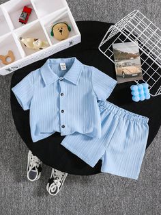 Baby Boy'S Solid Color Shirt And Short Set Dusty Blue     Plain  Non-Stretch  Baby Boys Clothing, size features are:Bust: ,Length: ,Sleeve Length: Baby Blue Shirt, Baby Boy Shirts, Boys Set, Solid Color Shirt, Color Shirt, Short Set, Boys Clothing, Kids Beachwear, Blue Shorts