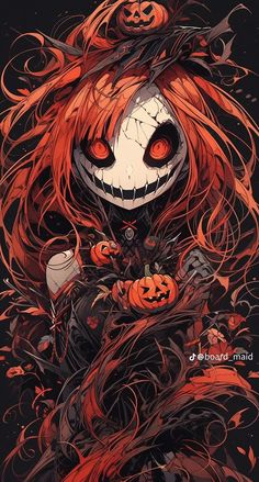 an orange haired girl with long hair and pumpkins on her face, holding a cup