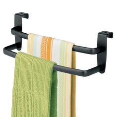 a towel rack with two towels hanging from it's sides and one folded green towel on the other side