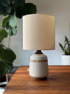 a table lamp sitting on top of a wooden table next to a potted plant