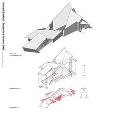 three diagrams showing the different angles and materials for an architectural project, including a building with triangular