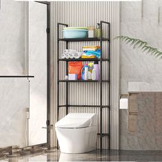 a bathroom with a toilet and shelving unit in the corner, next to a plant