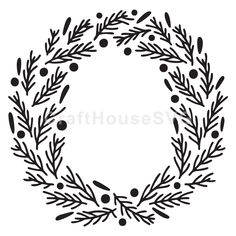 a black and white silhouette of a wreath with berries on it, surrounded by leaves