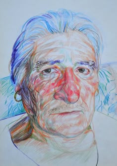 a drawing of an older man with blue hair and red eyeliners on his face