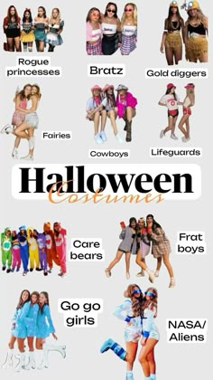 several different types of girls in costumes with words above them that say halloween costume names